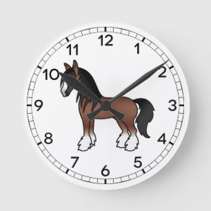 Brown Gypsy Vanner Clydesdale Shire Cartoon Horse Round Clock
