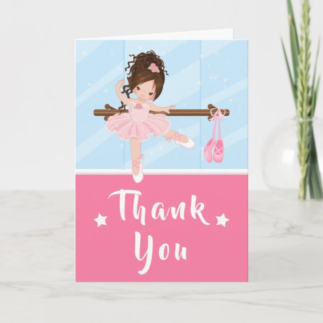 Brown Hair Ballerina Pink Birthday Thank You Card (Front)