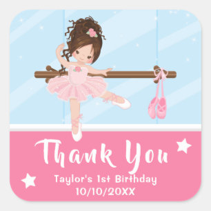 Brown Hair Ballerina Pink Birthday Thank You Squar Square Sticker