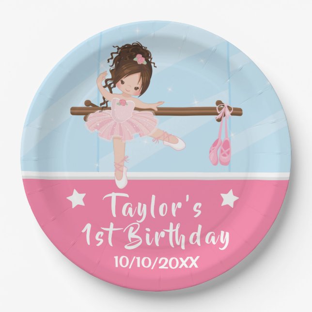 Brown Hair Ballerina Pink Tutu Birthday Paper Plat Paper Plate (Front)
