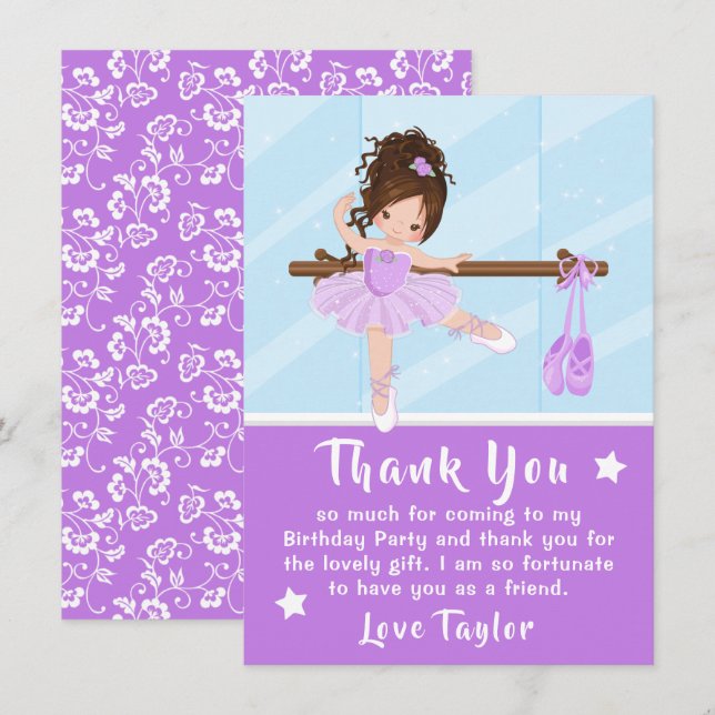 Brown Hair Ballerina Purple Birthday Thank You Car (Front/Back)