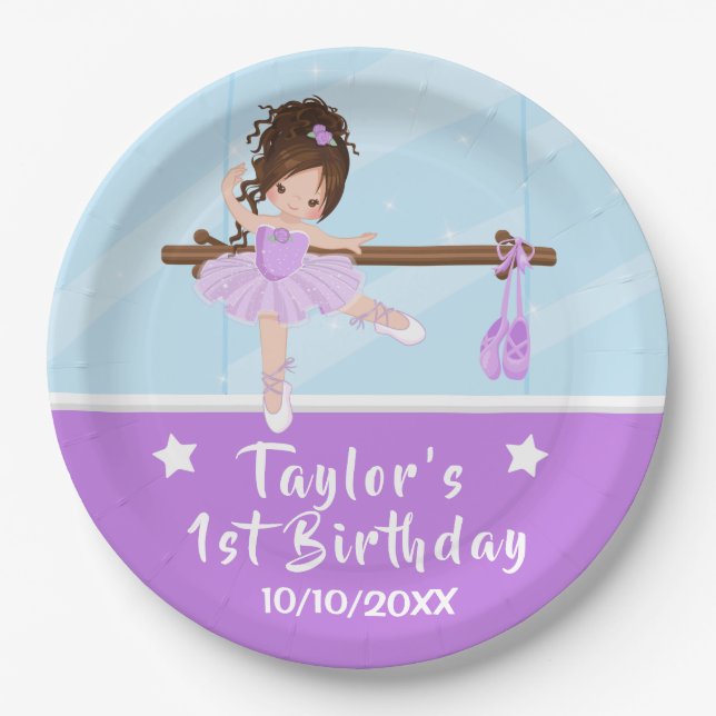Brown Hair Ballerina Purple Tutu Birthday Paper Pl Paper Plate (Front)