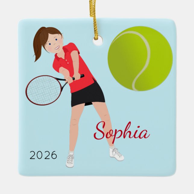 Brown Hair Blue Eyes Tennis Player Ceramic Ornament (Front)