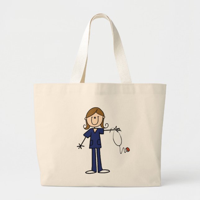 Brown Hair Blue Uniform Female Stick Figure Nurse Large Tote Bag (Front)