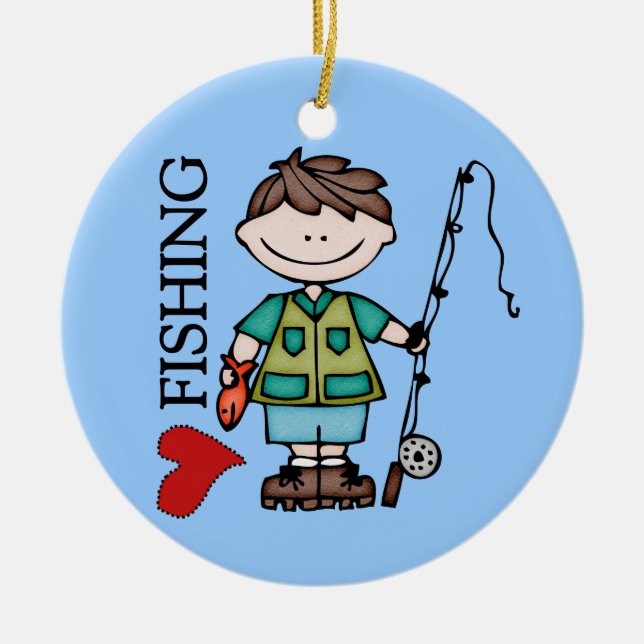Brown Hair Boy I Love Fishing Ceramic Tree Decoration (Front)