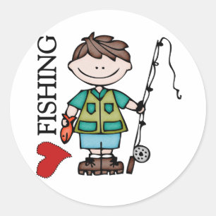 Brown Hair Boy I Love Fishing Classic Round Sticker