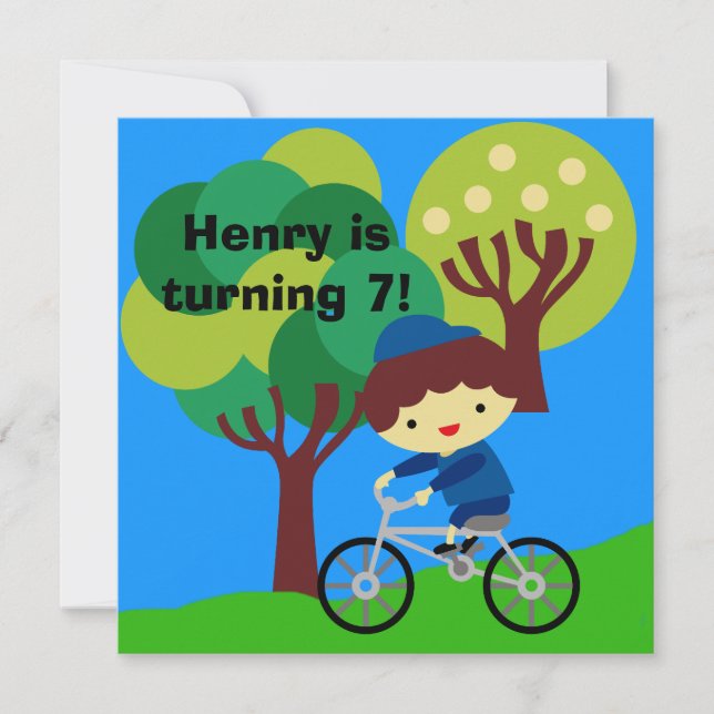 Brown Hair Boy on Bicycle Birthday Invitation (Front)
