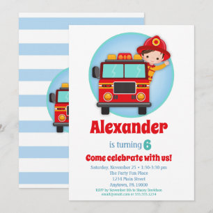 Brown Hair Boys Firefighter Birthday Invitation