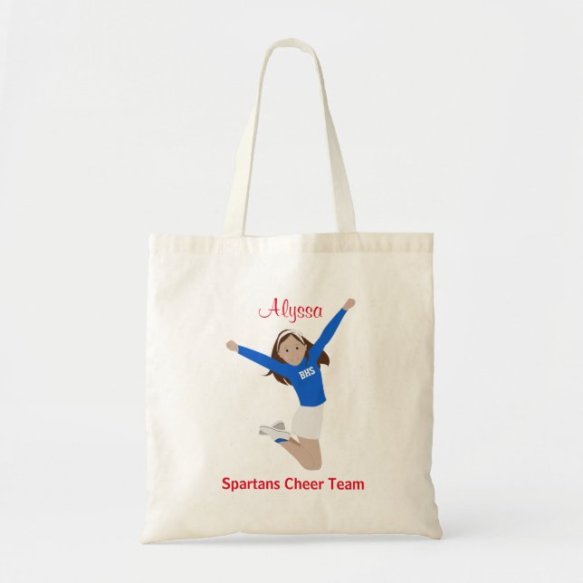Brown Hair Cheerleader in Blue and White Tote Bag (Front)