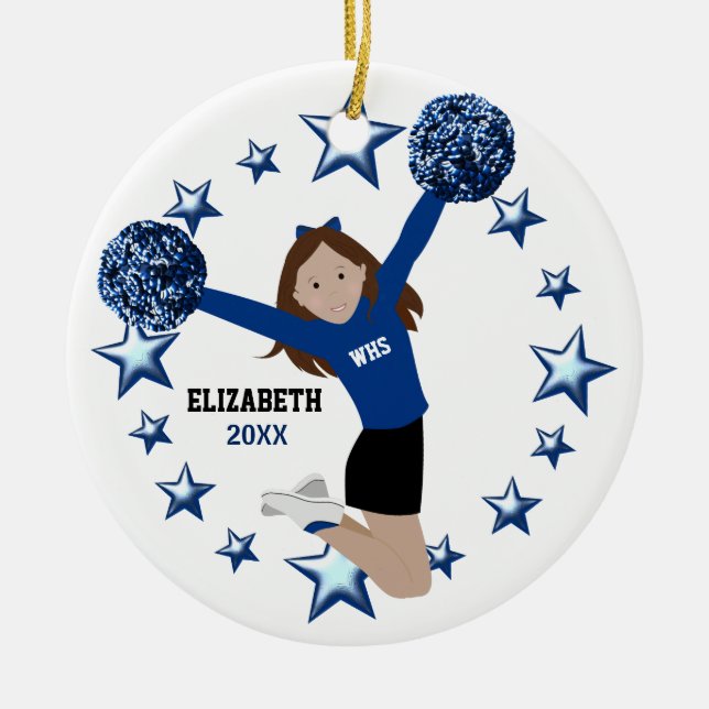 Brown Hair Cheerleader Pom Poms In Blue & Black Ceramic Tree Decoration (Front)