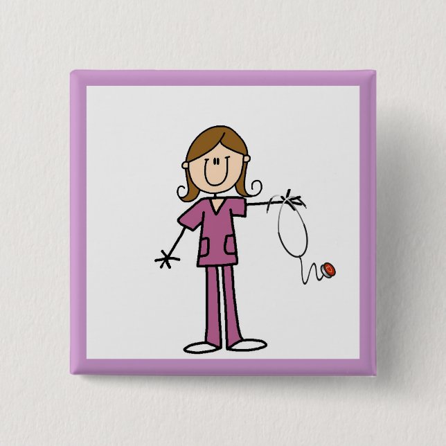 Brown Hair Female Stick Figure Nurse 15 Cm Square Badge (Front)