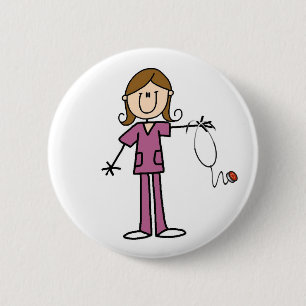 Brown Hair Female Stick Figure Nurse 6 Cm Round Badge