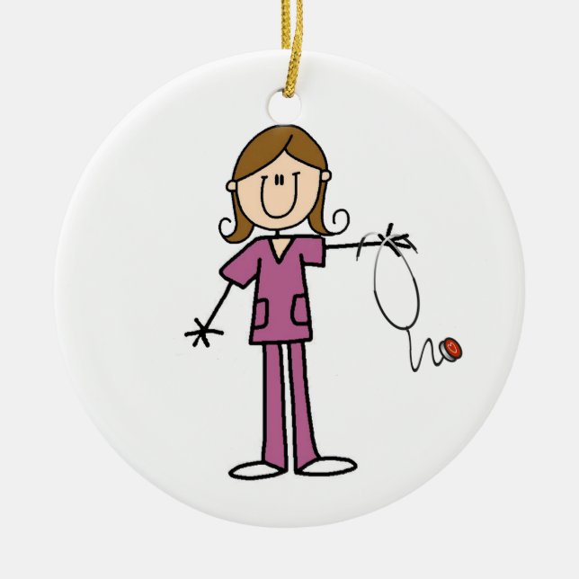Brown Hair Female Stick Figure Nurse Ceramic Tree Decoration (Front)