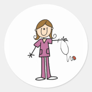 Brown Hair Female Stick Figure Nurse Classic Round Sticker