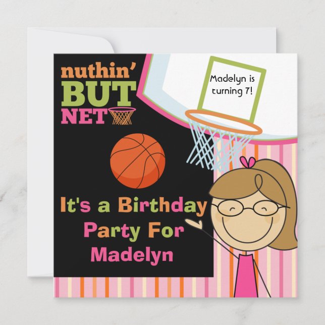 Brown Hair Girl Basketball Birthday Invite (Front)