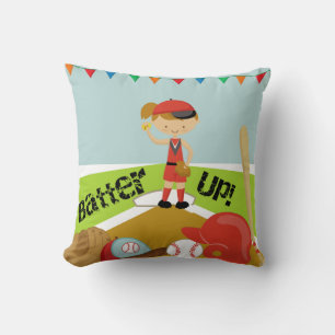 Brown Hair Girl Batter Up Baseball Pilllow Cushion