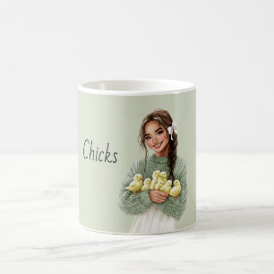 Brown Hair Girl Holding Baby Yellow Chicks Coffee Mug