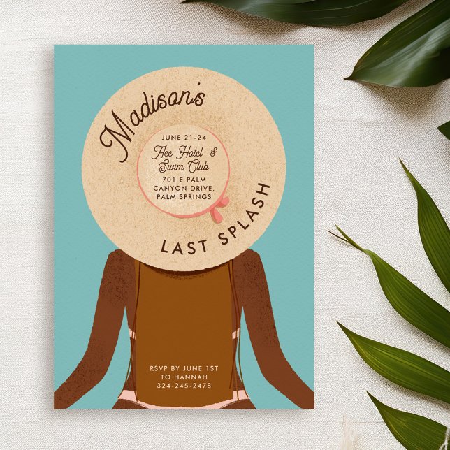 Brown Hair Girl Last Splash Bachelorette Weekend Invitation (brown hair and black skin girl wearing a beach hat - bachelorette pool party invitation)