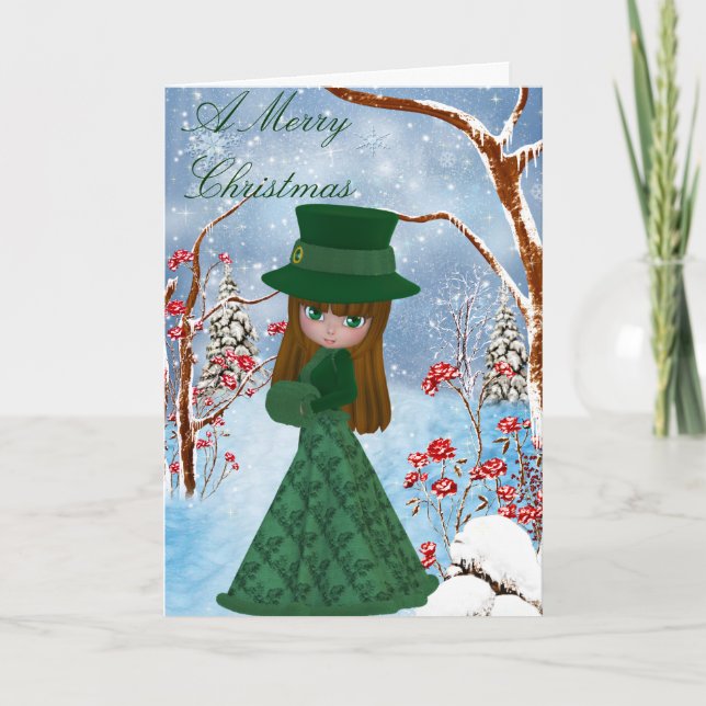 Brown Hair Girl, Snow , Merry Christmas Card (Front)
