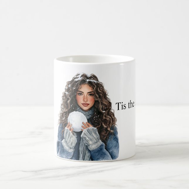 Brown Hair Girl Snowball Christmas Coffee Mug (Center)