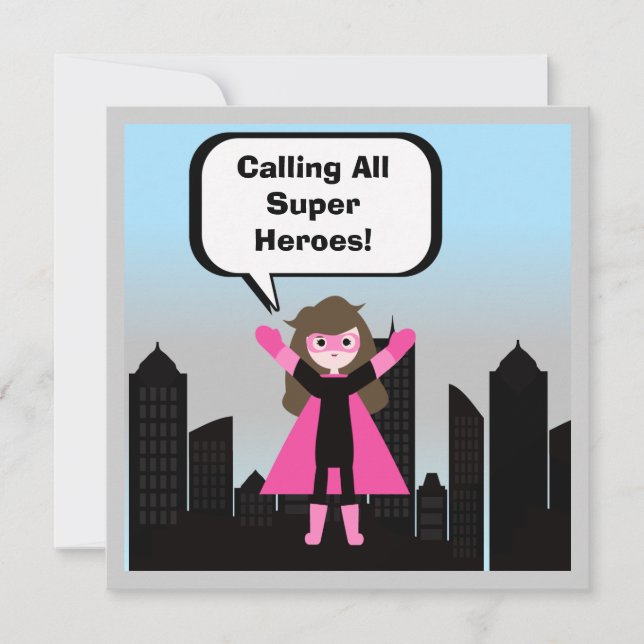 Brown Hair Girl Super Hero Birthday Invitation (Front)
