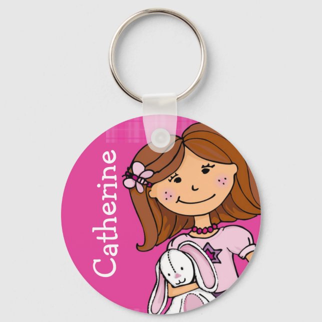Brown hair girl with a white bunny pink key ring (Front)