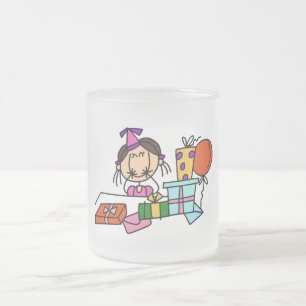 Brown Hair Girl With Birthday Gifts T-shirts Frosted Glass Coffee Mug