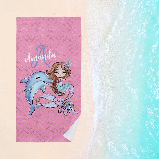 Brown Hair Mermaid Custom Name Girl Pink Beach Towel (Brown Hair Mermaid Custom Name Girl Pink Beach Towel
)