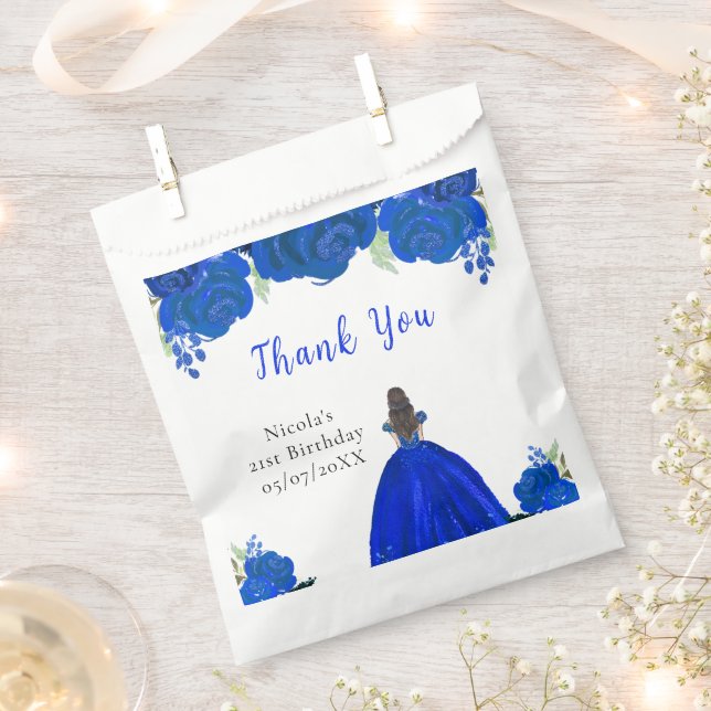 Brown Hair Princess Blue Floral Birthday Party Favour Bags (Clipped)