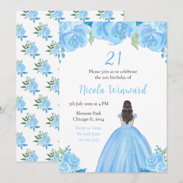 Brown Hair Princess Blue Floral Birthday Party Invitation (Front/Back)