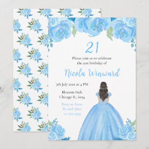 Brown Hair Princess Blue Floral Birthday Party Invitation