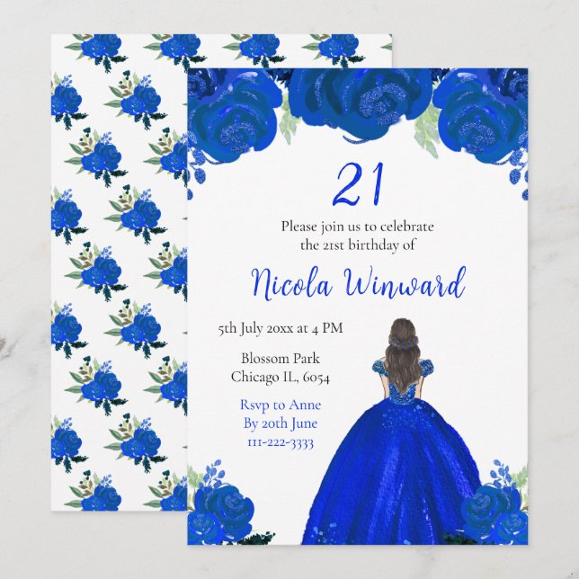 Brown Hair Princess Blue Floral Birthday Party Invitation (Front/Back)