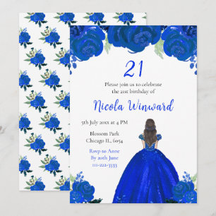 Brown Hair Princess Blue Floral Birthday Party Invitation
