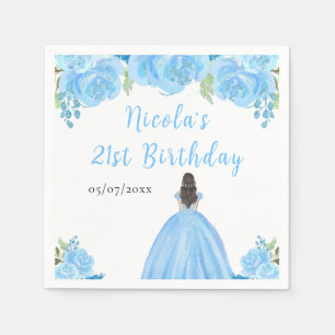 Brown Hair Princess Blue Floral Birthday Party Napkin