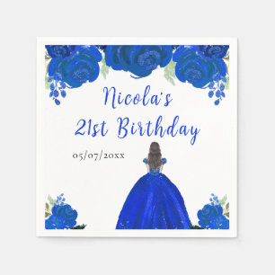 Brown Hair Princess Blue Floral Birthday Party Napkin
