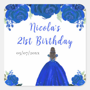 Brown Hair Princess Blue Floral Birthday Party Square Sticker