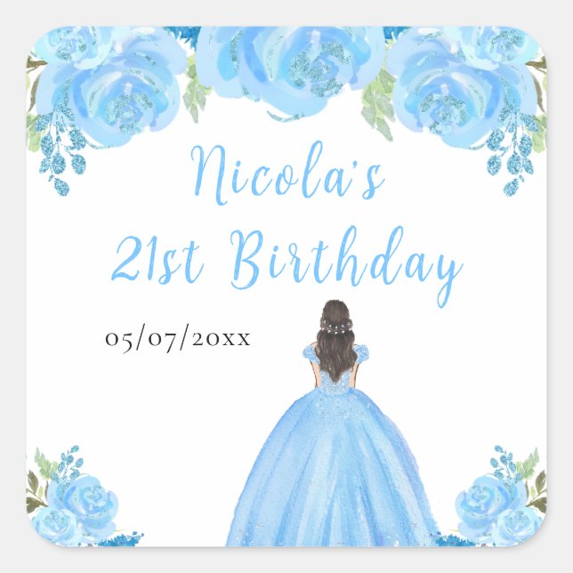 Brown Hair Princess Blue Floral Birthday Party Square Sticker (Front)