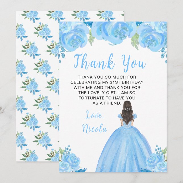 Brown Hair Princess Blue Floral Birthday Party Thank You Card (Front/Back)