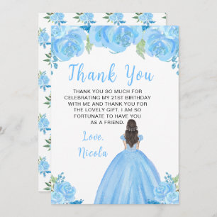 Brown Hair Princess Blue Floral Birthday Party Thank You Card