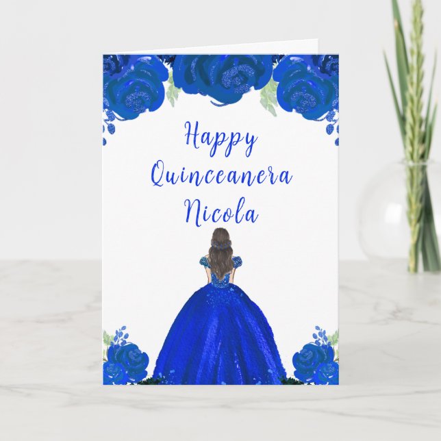 Brown Hair Princess Blue Floral Quinceanera Card (Front)