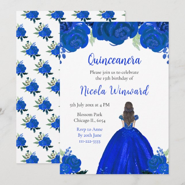 Brown Hair Princess Blue Floral Quinceanera Invitation (Front/Back)