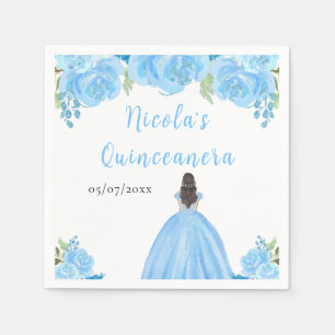 Brown Hair Princess Blue Floral Quinceanera Napkin