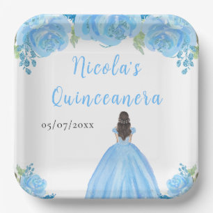 Brown Hair Princess Blue Floral Quinceanera Paper Plate