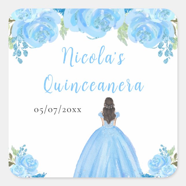 Brown Hair Princess Blue Floral Quinceanera Square Sticker (Front)