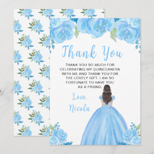 Brown Hair Princess Blue Floral Quinceanera Thank You Card