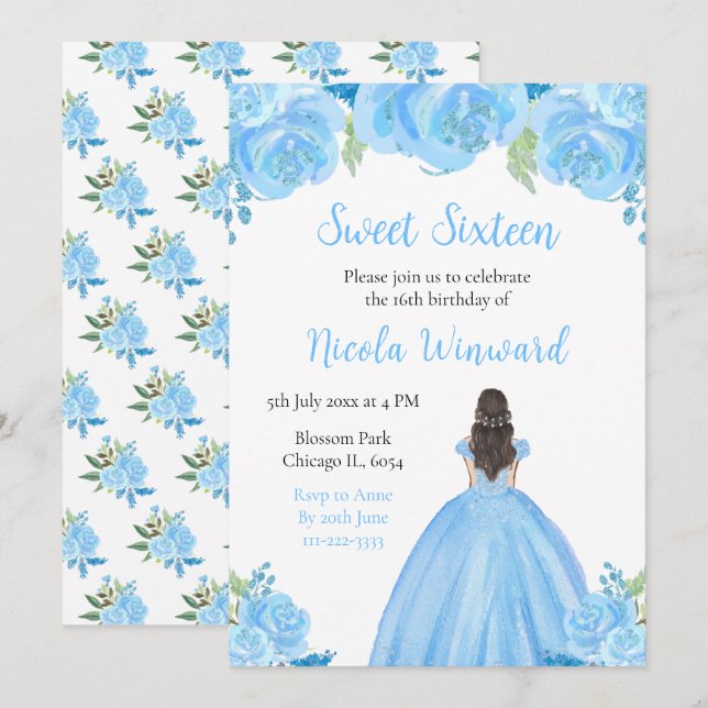 Brown Hair Princess Blue Floral Sweet Sixteen Invitation (Front/Back)