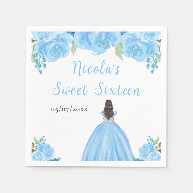 Brown Hair Princess Blue Floral Sweet Sixteen  Napkin (Front)