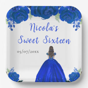 Brown Hair Princess Blue Floral Sweet Sixteen  Paper Plate