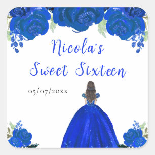 Brown Hair Princess Blue Floral Sweet Sixteen  Square Sticker