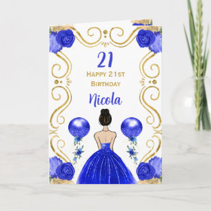 Brown Hair Princess Blue Happy Birthday Card
